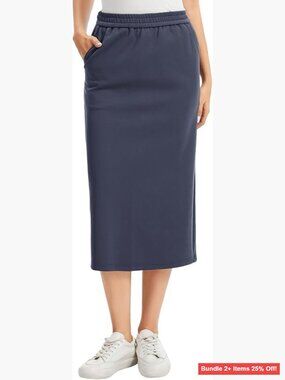 Midi Sweat Skirt with Pockets and Back Slit, Elastic Waist